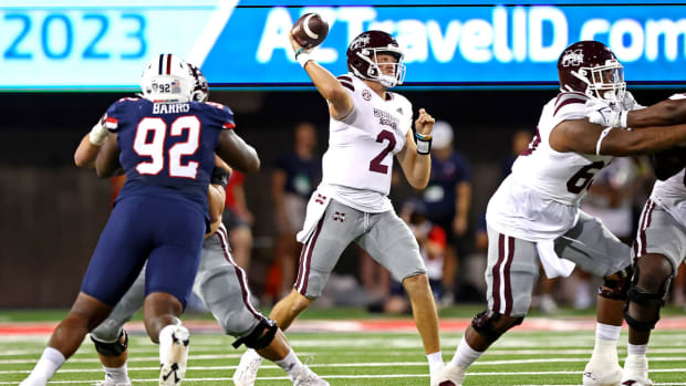 Sep 10, 2022; Tucson, Arizona, USA; Mississippi State Bulldogs quarterback Will Rogers (2) throws a pass during the first half against the Arizona Wildcats at Arizona Stadium.